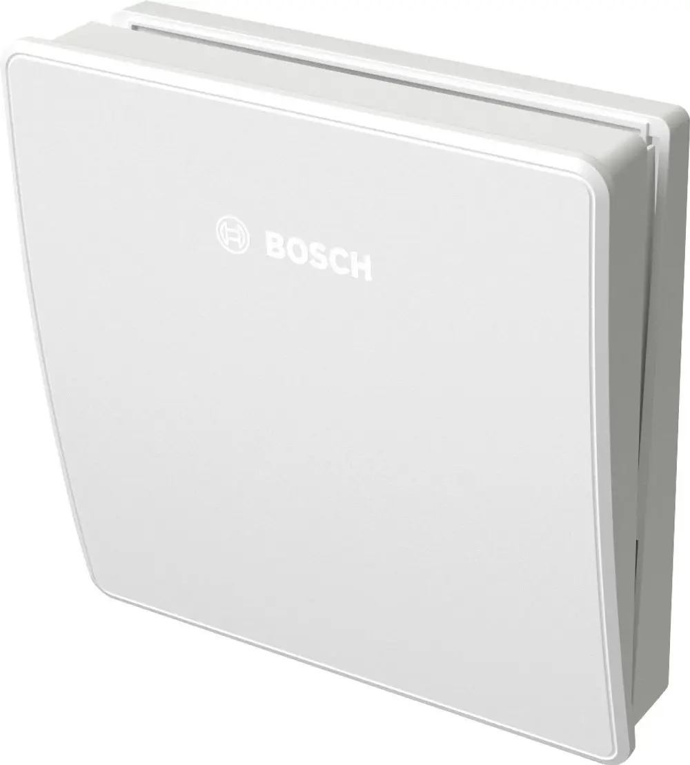Weiße, flache Abdeckung mit Bosch-Logo, geeignet für die Installation in einem Raum zur dezentralen Lüftung.